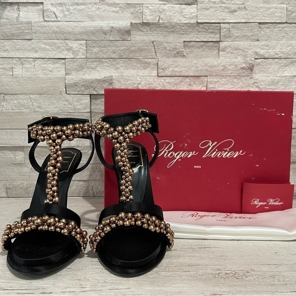 Roger Vivier Caviar Black Satin Bronze Embellished Shoes Sandals Size 36.5 NEW - Picture 1 of 15